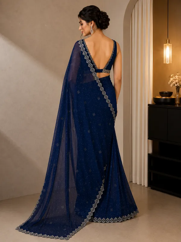 Navy_Blue_Organza_Silver_Embellished_Saree_For_Women