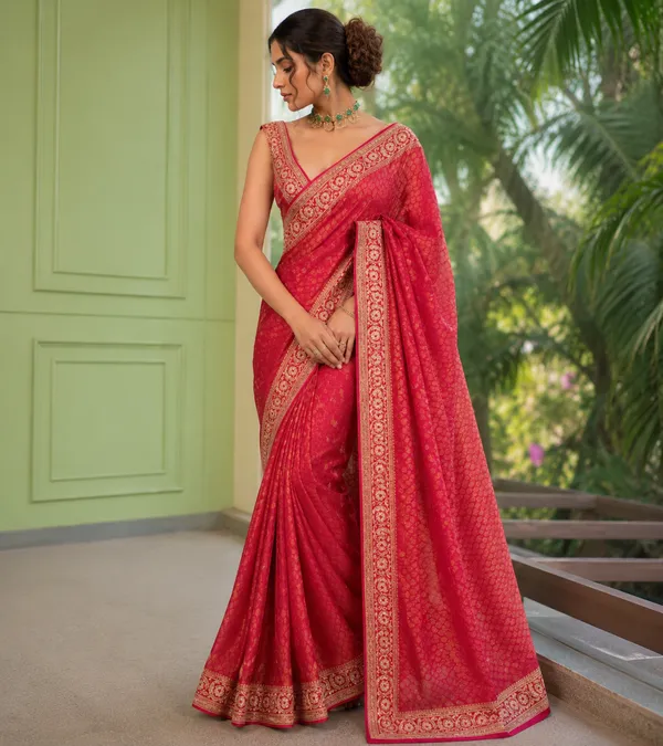 Red_Satin_Jacquard_Silk_Gold_Embroidered_Border_Saree_For_Women