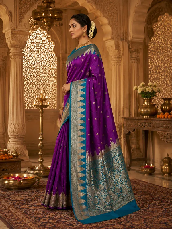 Purple_Banarasi_Woven_Silk_Zari_Turquoise_Border_Saree_For_Women