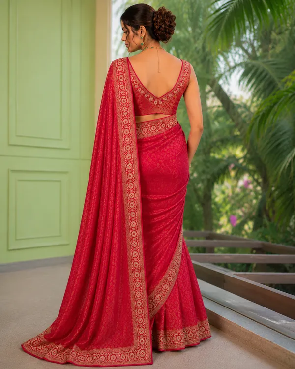 Red_Satin_Jacquard_Silk_Gold_Embroidered_Border_Saree_For_Women