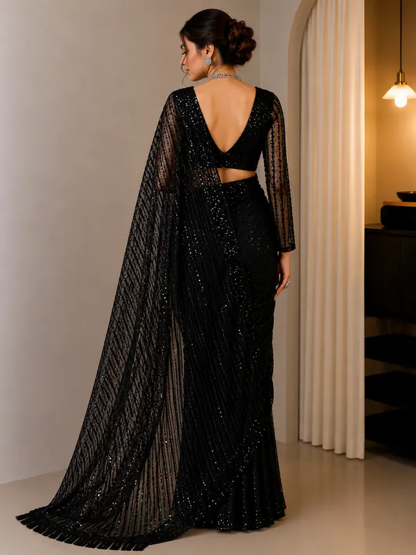 Black_Sequin_Embellished_Net_Saree_For_Women