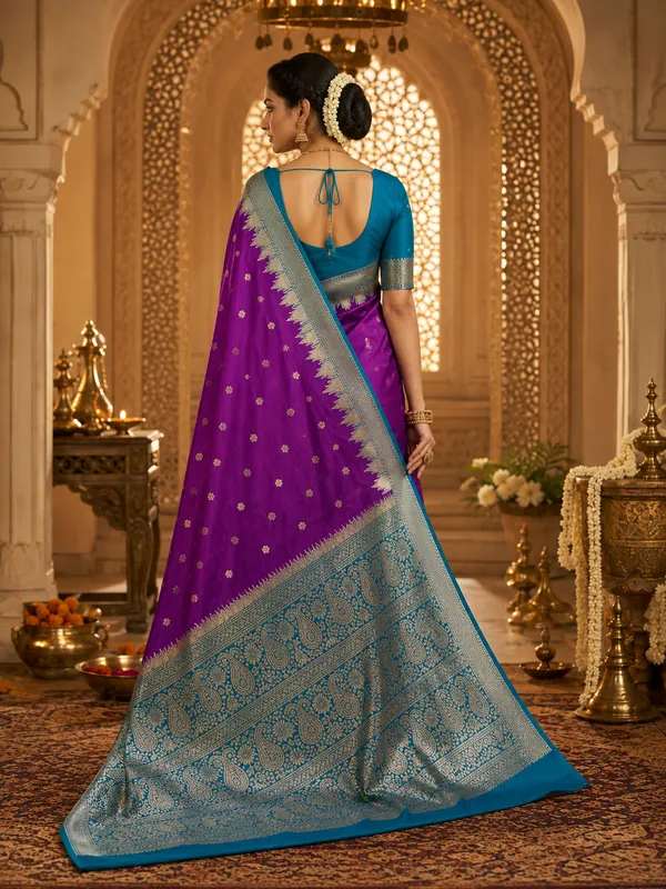 Purple_Banarasi_Woven_Silk_Zari_Turquoise_Border_Saree_For_Women