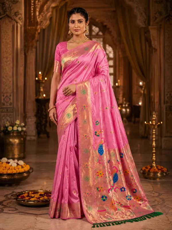 Pink_Woven_Silk_Paithani_Zari_Border_Saree_For_Women