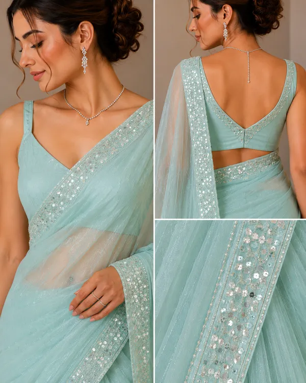 Mint_Green_Soft_Net_Sequin_Work_Saree_For_Women