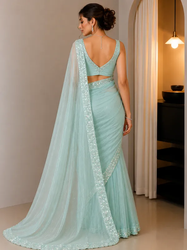 Mint_Green_Soft_Net_Sequin_Work_Saree_For_Women