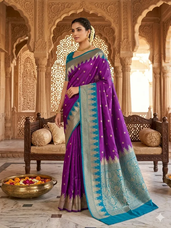 Purple_Banarasi_Woven_Silk_Zari_Turquoise_Border_Saree_For_Women