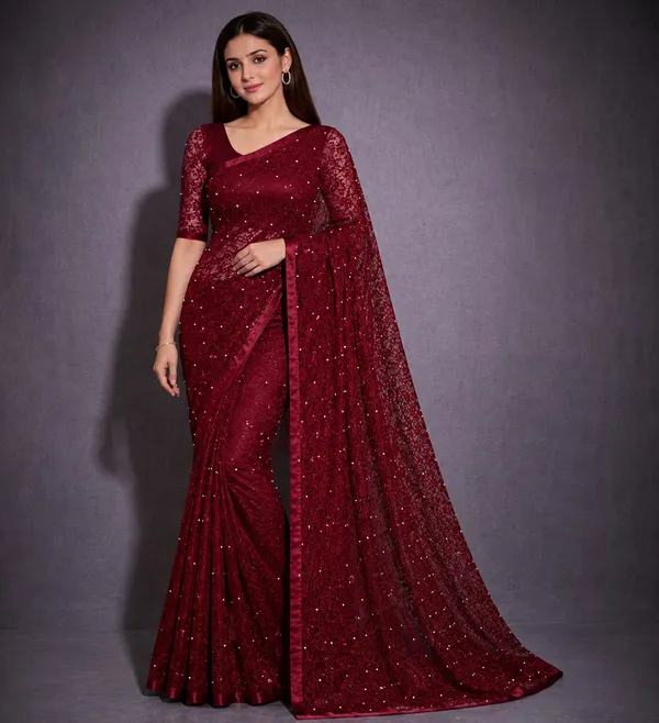 Wine_Maroon_Pearl_Embellished_Floral_Lace_Designer_Saree_with_Matching_Blouse_�_Party,_Wedding_&_Festive_Wear