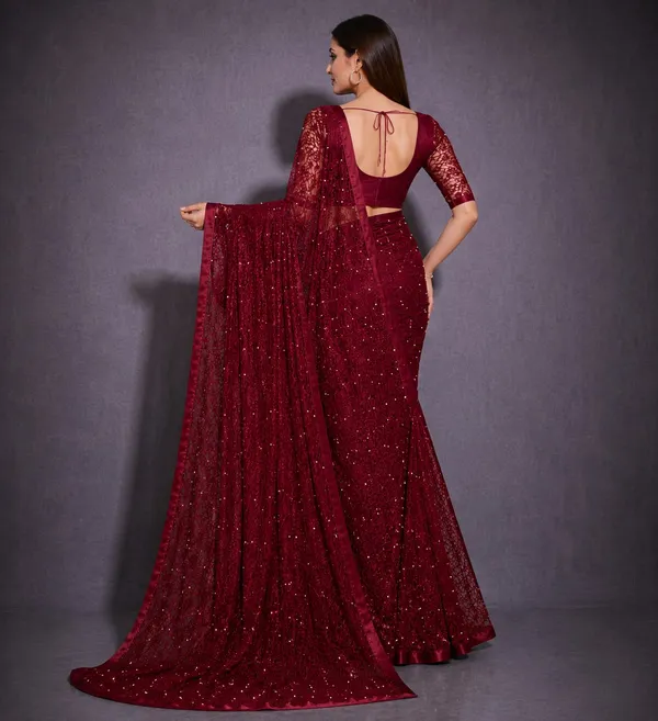 Wine_Maroon_Pearl_Embellished_Floral_Lace_Designer_Saree_with_Matching_Blouse_�_Party,_Wedding_&_Festive_Wear