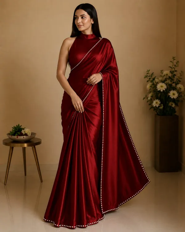 Ruby_Red_Satin_Pearl_Border_Designer_Saree_with_High_Neck_Blouse_�_Party,_Wedding_&_Festive_Wear
