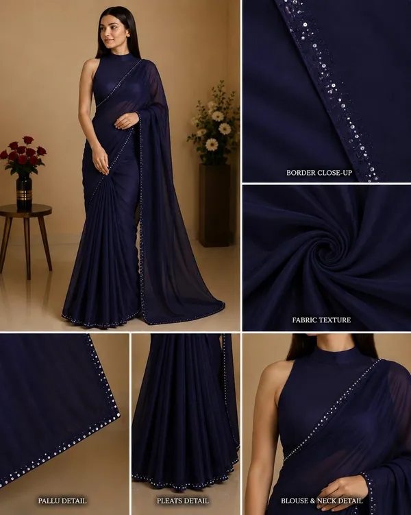 Navy_Blue_Georgette_Designer_Saree_with_Sequin_Border_&_High_Neck_Blouse_�_Party,_Wedding_&_Festive_Wear