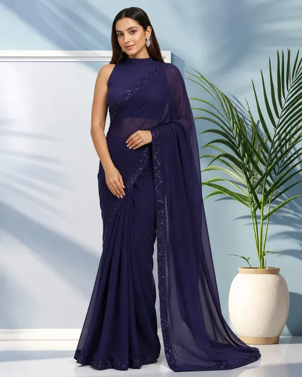 Navy_Blue_Georgette_Designer_Saree_with_Sequin_Border_&_High_Neck_Blouse_�_Party,_Wedding_&_Festive_Wear