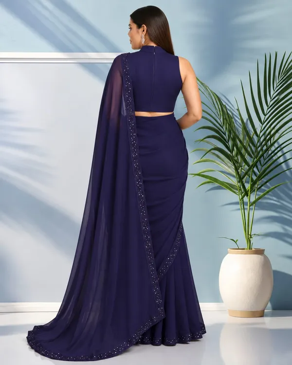 Navy_Blue_Georgette_Designer_Saree_with_Sequin_Border_&_High_Neck_Blouse_�_Party,_Wedding_&_Festive_Wear