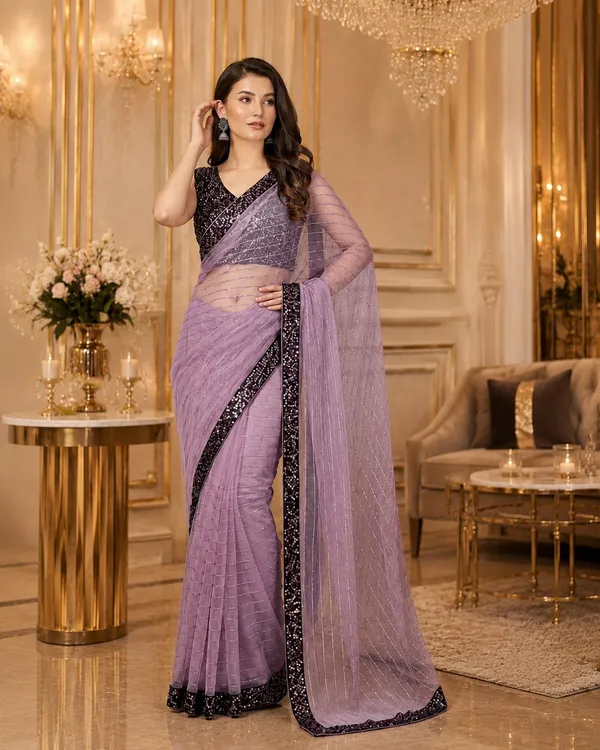 Lavender_Shimmer_Designer_Saree_with_Sequins_Embellished_Border_&_Matching_Blouse_�_Party,_Wedding_&_Festive_Wear