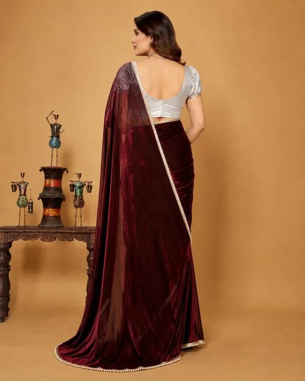 Wine_Velvet_Designer_Saree_with_Pearl_Border_&_Silver_Blouse_�_Party,_Wedding_&_Festive_Wear