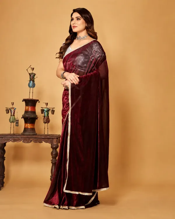 Wine_Velvet_Designer_Saree_with_Pearl_Border_&_Silver_Blouse_�_Party,_Wedding_&_Festive_Wear