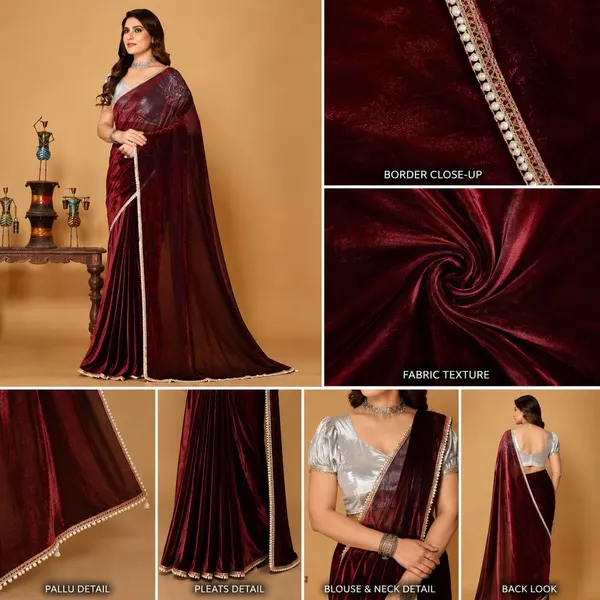 Wine_Velvet_Designer_Saree_with_Pearl_Border_&_Silver_Blouse_�_Party,_Wedding_&_Festive_Wear