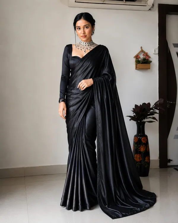 Black_Satin_Silk_Saree_�_Plain_Glossy_Party_Wear_Designer_Saree
