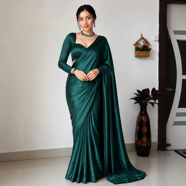 Emerald_Green_Satin_Silk_Saree_�_Plain_Glossy_Party_Wear_Designer_Saree