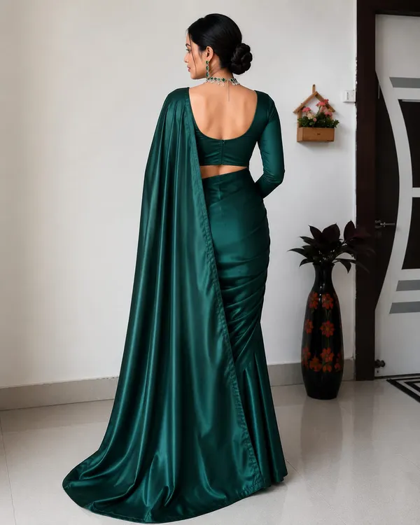 Emerald_Green_Satin_Silk_Saree_�_Plain_Glossy_Party_Wear_Designer_Saree