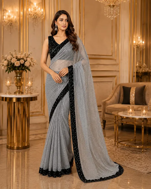 Silver_Grey_Shimmer_Designer_Saree_with_Black_Sequins_Embellished_Border_&_Matching_Blouse_�_Party,_Wedding_&_Festive_Wear