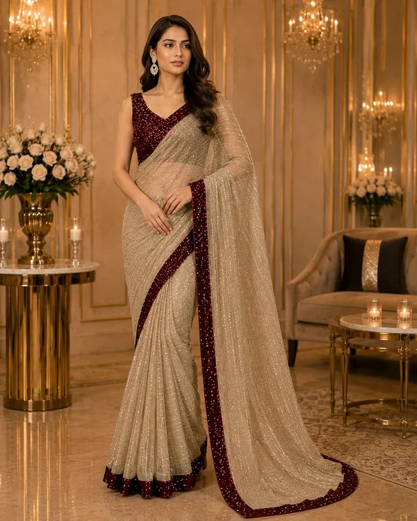 Champagne_Gold_Shimmer_Designer_Saree_with_Wine_Sequins_Embellished_Border_&_Matching_Blouse_�_Party,_Wedding_&_Festive_Wear
