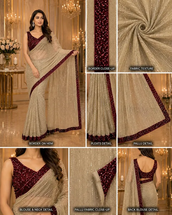 Champagne_Gold_Shimmer_Designer_Saree_with_Wine_Sequins_Embellished_Border_&_Matching_Blouse_�_Party,_Wedding_&_Festive_Wear