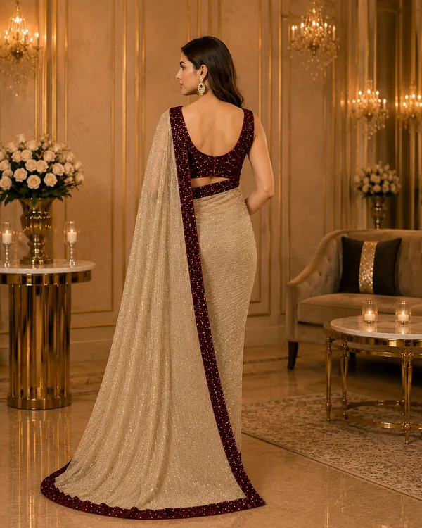 Champagne_Gold_Shimmer_Designer_Saree_with_Wine_Sequins_Embellished_Border_&_Matching_Blouse_�_Party,_Wedding_&_Festive_Wear