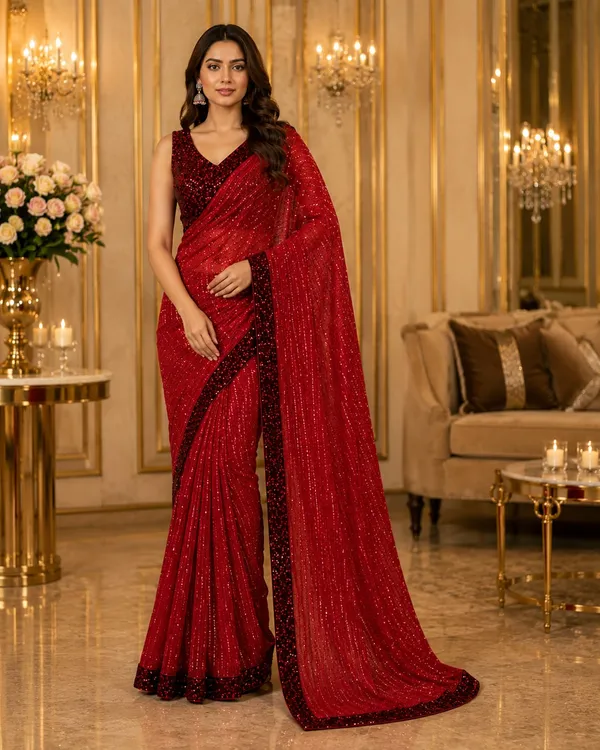 Ruby_Red_Shimmer_Designer_Saree_with_Black_Sequins_Embellished_Border_&_Matching_Blouse_�_Party,_Wedding_&_Festive_Wear