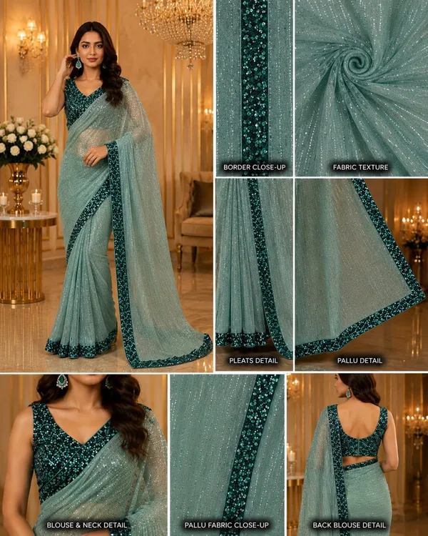 Mint_Green_Shimmer_Designer_Saree_with_Emerald_Green_Sequins_Embellished_Border_&_Matching_Blouse_�_Party,_Wedding_&_Festive_Wear