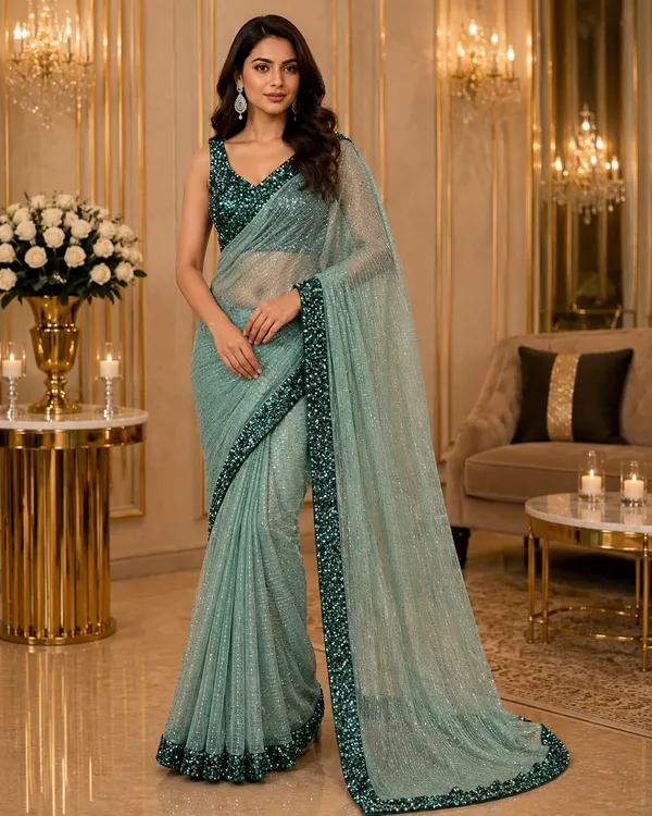 Mint_Green_Shimmer_Designer_Saree_with_Emerald_Green_Sequins_Embellished_Border_&_Matching_Blouse_�_Party,_Wedding_&_Festive_Wear