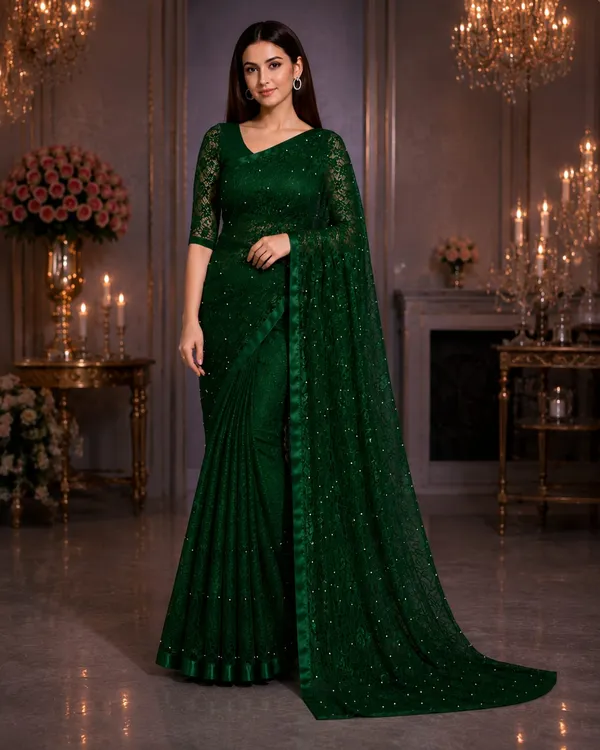 Emerald_Green_Pearl_Embellished_Floral_Lace_Designer_Saree_with_Matching_Blouse_�_Party,_Wedding_&_Festive_Wear