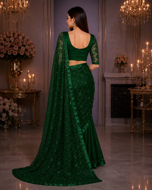 Emerald_Green_Pearl_Embellished_Floral_Lace_Designer_Saree_with_Matching_Blouse_�_Party,_Wedding_&_Festive_Wear