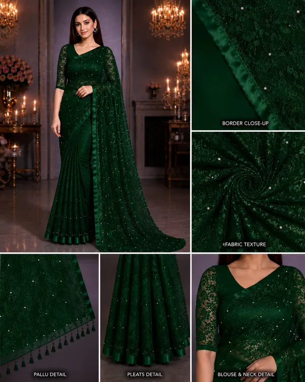 Emerald_Green_Pearl_Embellished_Floral_Lace_Designer_Saree_with_Matching_Blouse_�_Party,_Wedding_&_Festive_Wear