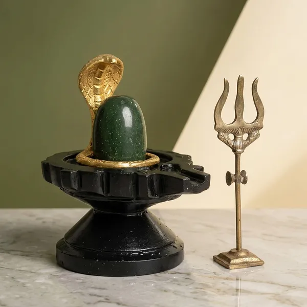 100_Natural_Origanal_Narmada_Stone_Bana_Lingam_Narmadeshwar_3_Inch_Shivling_And_6_Inch_Black_Damru_Jaladhari_With_Nag_Snack_Trishul_For_For_Worship_At_Home_Lord_Mahadeva_Shivsankar_Size_3_X_6
