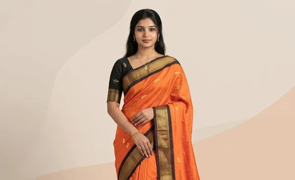 Orange_Sico_Silk_Woven_Border_Paithani_Saree_For_Women