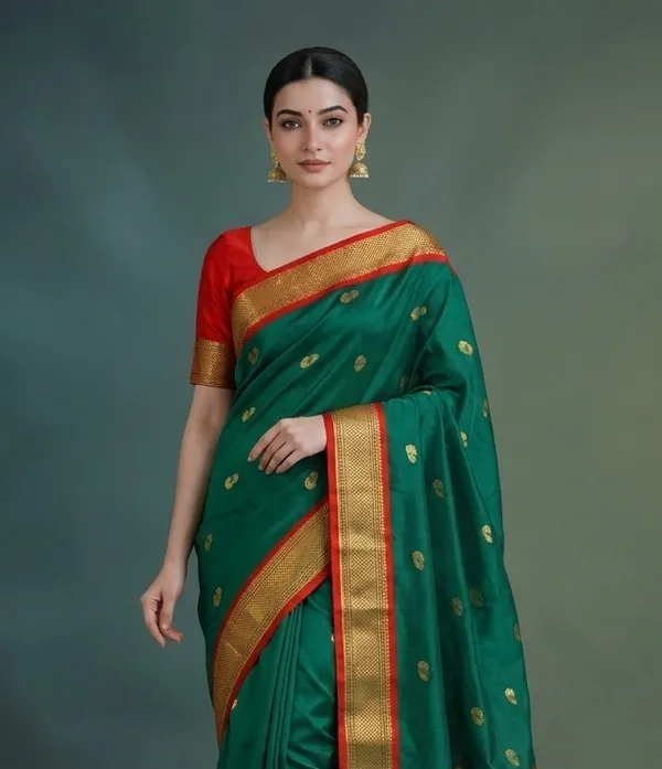 Bottle_Green_Sico_Silk_Paithani_Zari_Ethnic_Motif_Saree_For_Women
