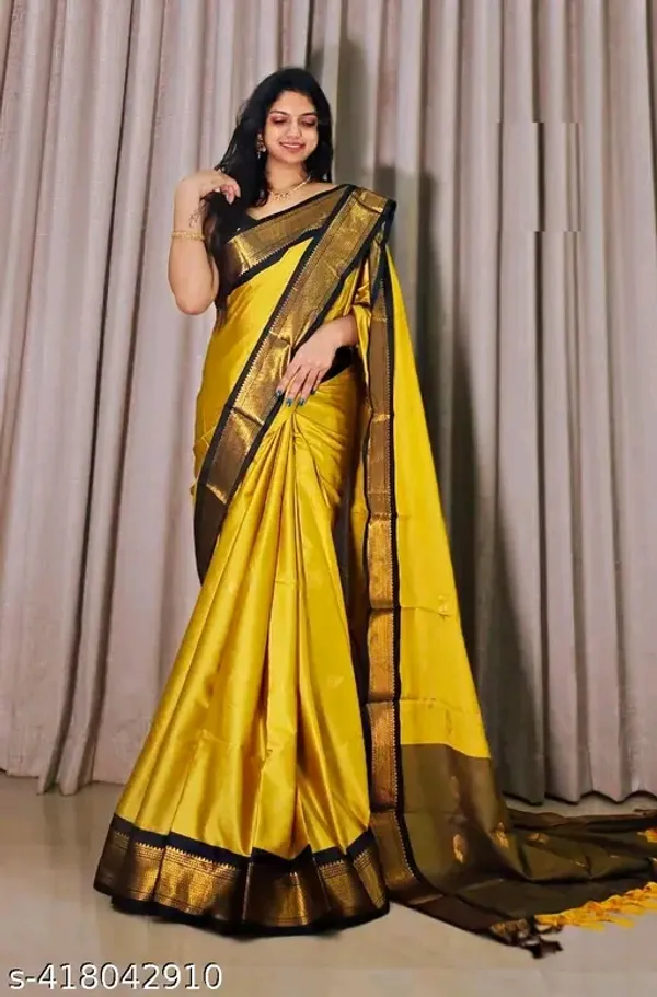 Yellow_Sico_Silk_Paithani_Zari_Butta_Contrast_Pallu_Saree_For_Women
