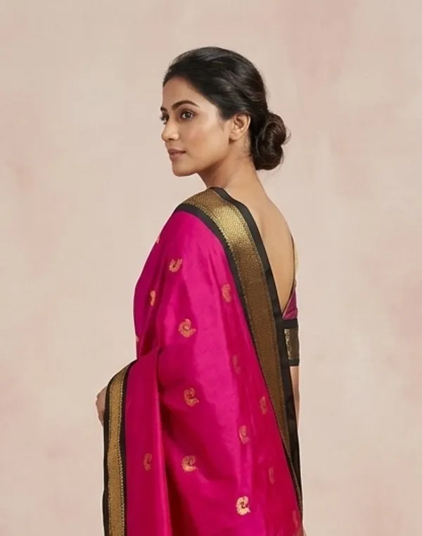 Pink_Sico_Silk_Paithani_Contrast_Border_Butta_Weave_Saree_For_Women