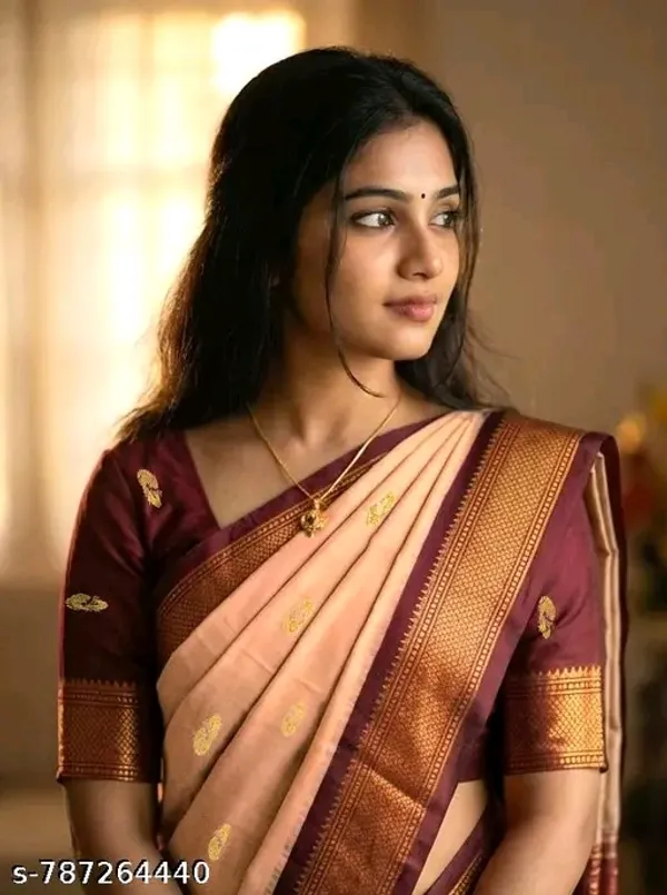 Beige_Sico_Silk_Paithani_Zari_Butta_Contrast_Pallu_Saree_For_Women