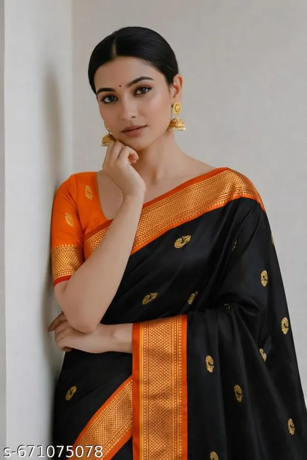 Black_And_Orange_Sico_Silk_Paithani_Zari_Border_Party_Saree_For_Women