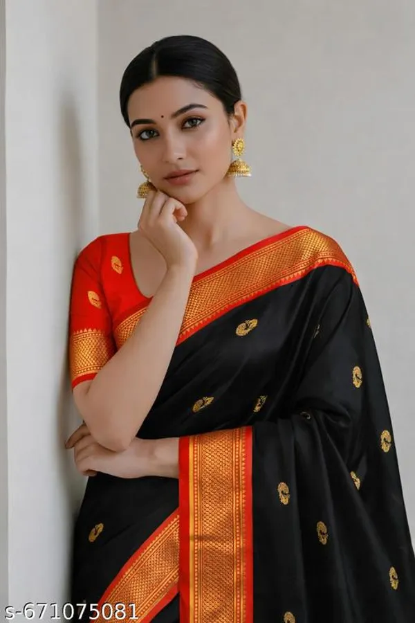 Black_And_Red_Sico_Silk_Paithani_Zari_Border_Party_Saree_For_Women