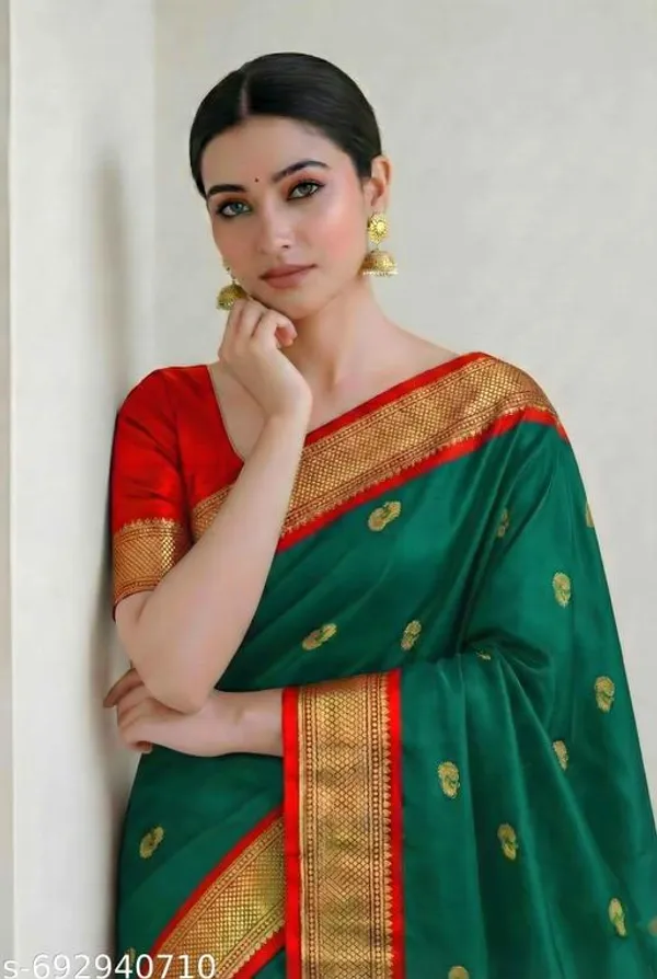 Bottle_Green_Sico_Silk_Paithani_Zari_Ethnic_Motif_Saree_For_Women