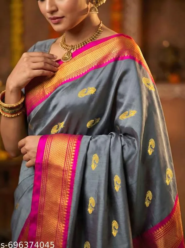 Grey_Sico_Silk_Paithani_Zari_Border_Saree_For_Women