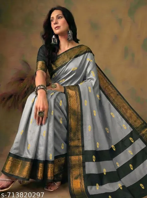 Grey_Sico_Silk_Paithani_Zari_Woven_Saree_For_Women