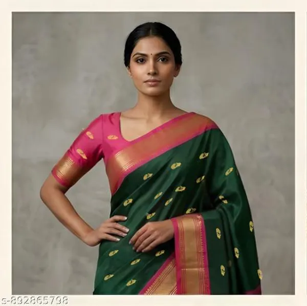 Bottle_Green_Sico_Silk_Paithani_Temple_Border_Zari_Saree_For_Women