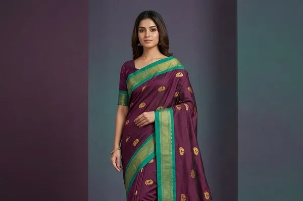 Purple_Sico_Silk_Paithani_Contrast_Border_Butta_Weave_Saree_For_Women
