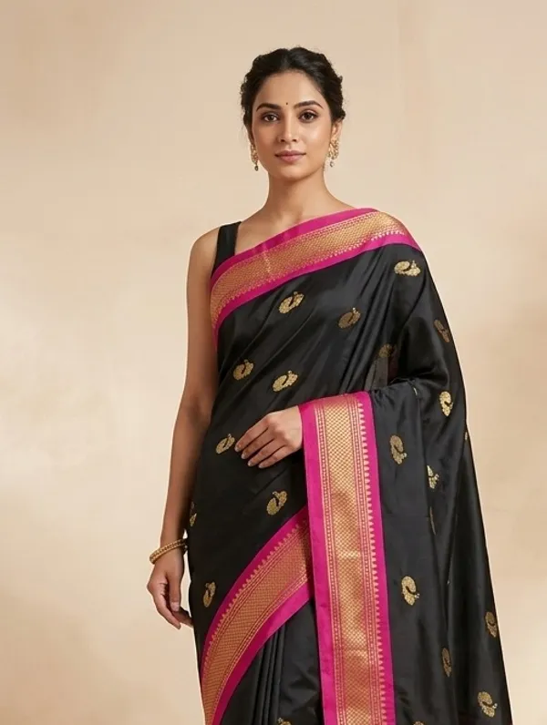 Black_Sico_Silk_Zari_Temple_Border_Paithani_Saree_For_Women