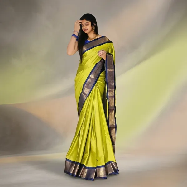Lime_Sico_Silk_Paithani_Zari_Butta_Contrast_Pallu_Saree_For_Women