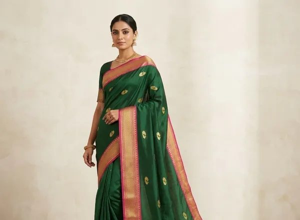 Bottle_Green_Sico_Silk_Paithani_Temple_Border_Zari_Saree_For_Women