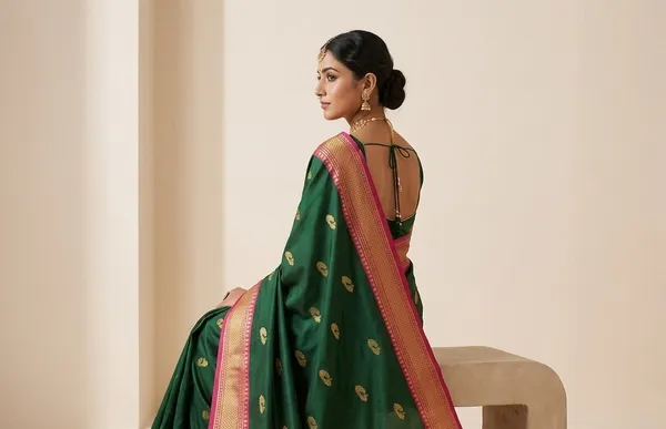 Bottle_Green_Sico_Silk_Paithani_Temple_Border_Zari_Saree_For_Women